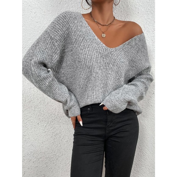 V neck Drop Shoulder Ribbed Knit Sweater black oversized - Picture 7 of 8